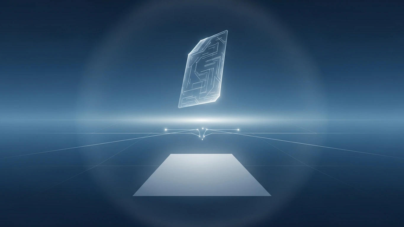 A glowing geometric document outline hovers on a deep navy background, its lower half dissolving into scattered points of light while a faint padlock fades out, representing how printing a signed PDF removes the cryptographic proof while the visual appearance survives.