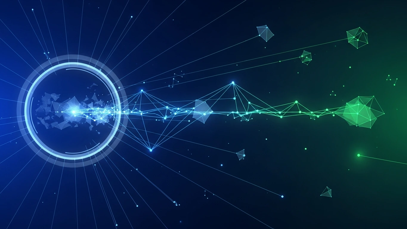 A glowing geometric network of fine lines and nodes forms a luminous ring on a deep navy background, with faint data branches extending outward, representing the layered legal process and metadata trails behind a Snapchat evidence subpoena while the message content itself stays out of view.